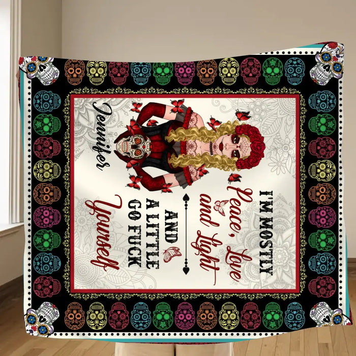 Personalized Sugar Skull Fleece Throw Blanket/Quilt - Skull Gift For Girl - I'm Mostly Peace, Love And Light