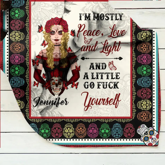 Personalized Sugar Skull Fleece Throw Blanket/Quilt - Skull Gift For Girl - I'm Mostly Peace, Love And Light