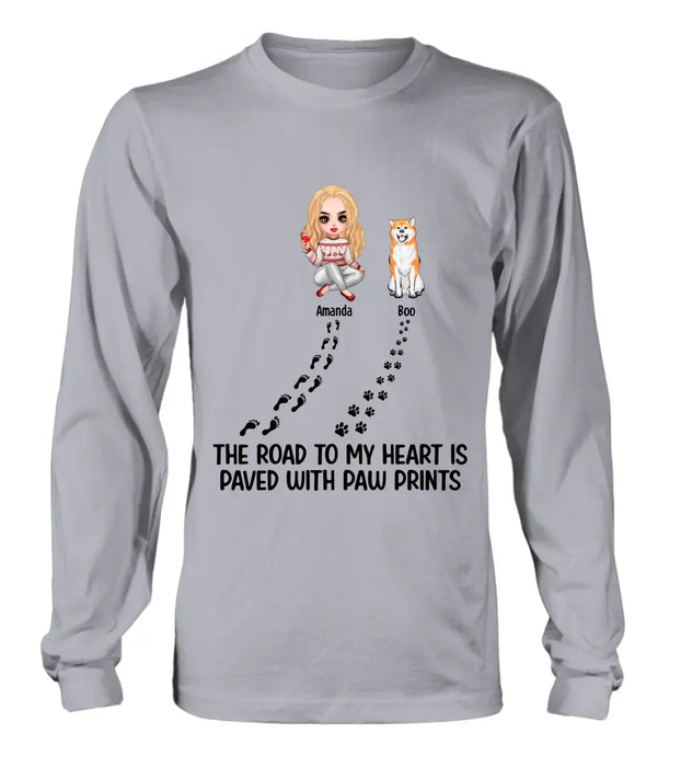 Personalized Dog Shirt/Hoodie - Up to 4 Dogs - Father's Day/Mother's Day Gift Idea for Dog Lovers - The Road To My Heart Is Paved With Paw Prints