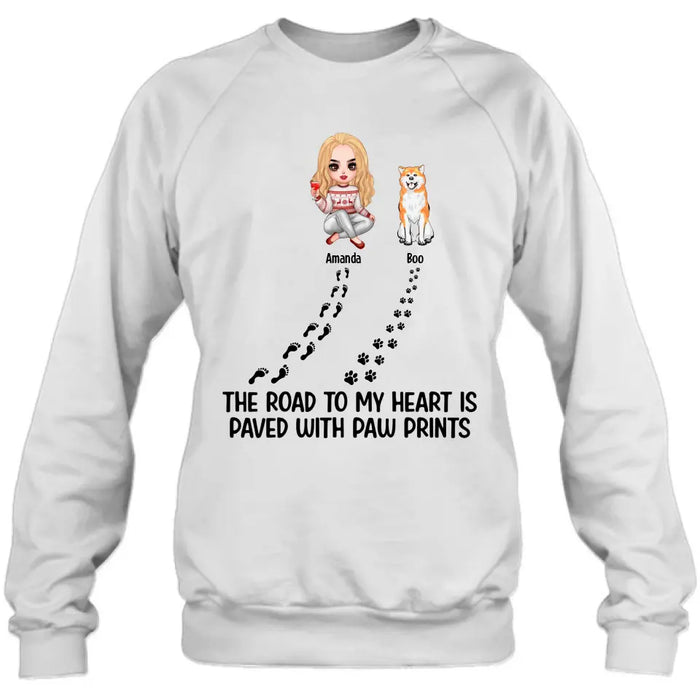 Personalized Dog Shirt/Hoodie - Up to 4 Dogs - Father's Day/Mother's Day Gift Idea for Dog Lovers - The Road To My Heart Is Paved With Paw Prints