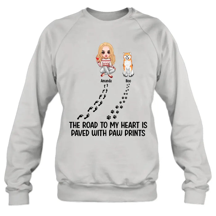 Personalized Dog Shirt/Hoodie - Up to 4 Dogs - Father's Day/Mother's Day Gift Idea for Dog Lovers - The Road To My Heart Is Paved With Paw Prints