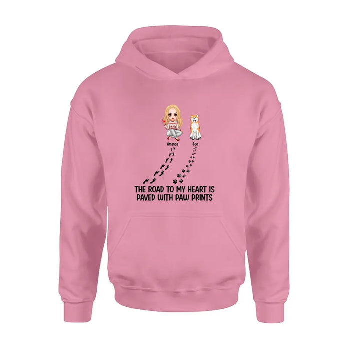 Personalized Dog Shirt/Hoodie - Up to 4 Dogs - Father's Day/Mother's Day Gift Idea for Dog Lovers - The Road To My Heart Is Paved With Paw Prints