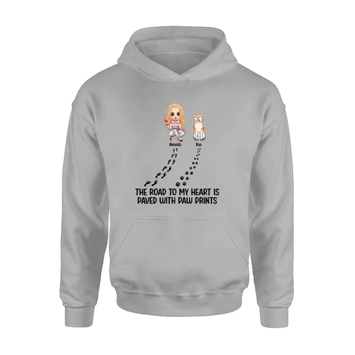 Personalized Dog Shirt/Hoodie - Up to 4 Dogs - Father's Day/Mother's Day Gift Idea for Dog Lovers - The Road To My Heart Is Paved With Paw Prints