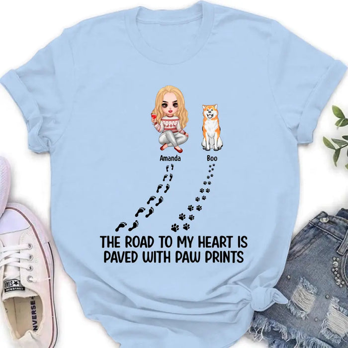 Personalized Dog Shirt/Hoodie - Up to 4 Dogs - Father's Day/Mother's Day Gift Idea for Dog Lovers - The Road To My Heart Is Paved With Paw Prints
