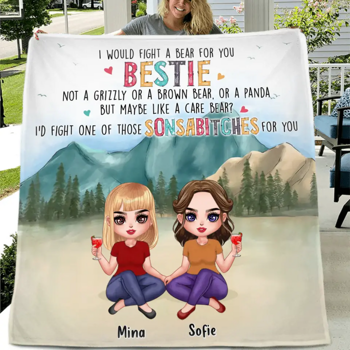 Personalized Besties Fleece Throw Blanket/Quilt - Up to 5 Girls - Gift Idea For Besties/Friends/Sisters - I Would Fight A Bear For You Bestie