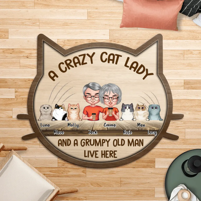 Personalized Crazy Cat Lady Area Rug - Gift For Couple/Cat Lovers with up 6 Cats - A Crazy Cat Lady and A Grumpy Old Man Live Here