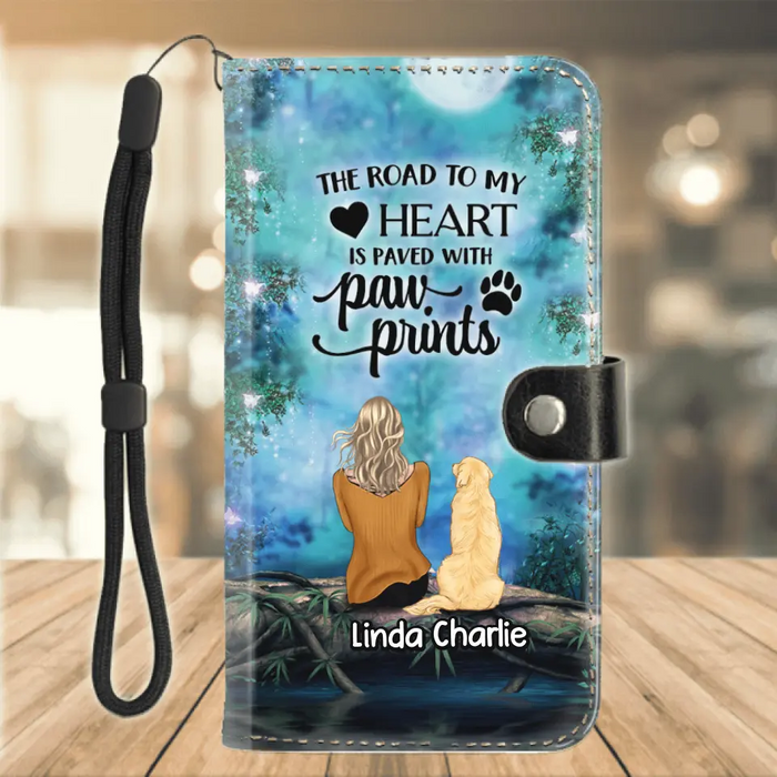 Personalized Memorial Dog Flip Leather Purse For Mobile Phone - Up to 5 Dogs - Gift For Dog Lovers - The Road To My Heart Is Paved With Paw Prints