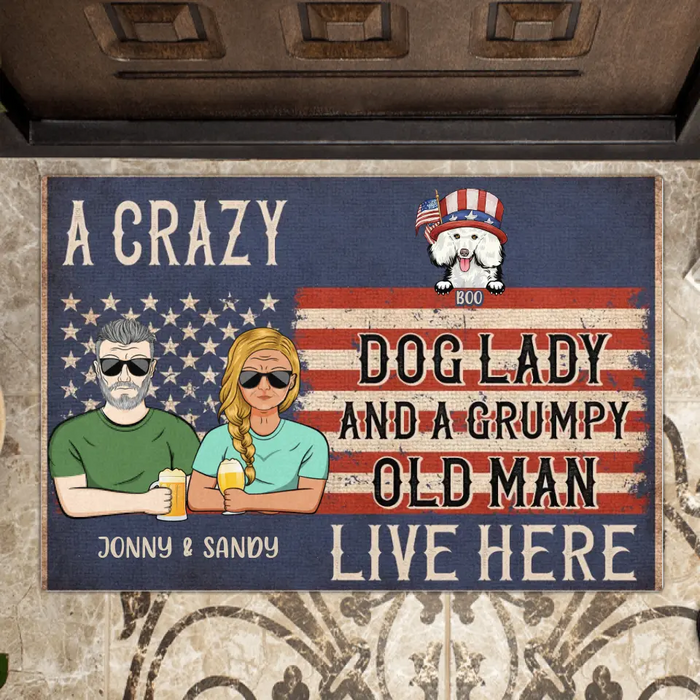 Personalized Couple Doormat - Up to 8 Dogs - Gift Idea For Independence Day/Dogs Lover - A Crazy Dog Lady And A Grumpy Old Man Live Here