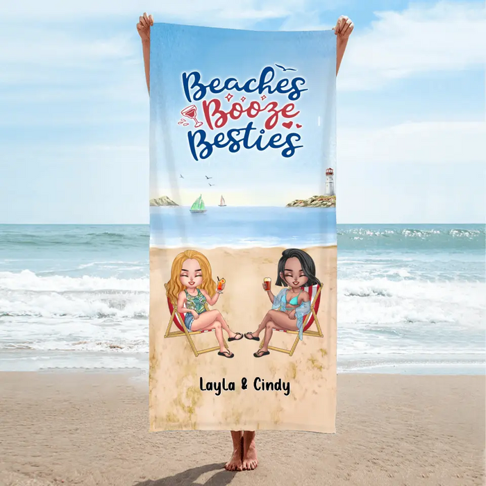 Personalized Besties Beach Towel - Up to 4 People - Gift Idea For Besties/Friends - Beaches Booze Besties