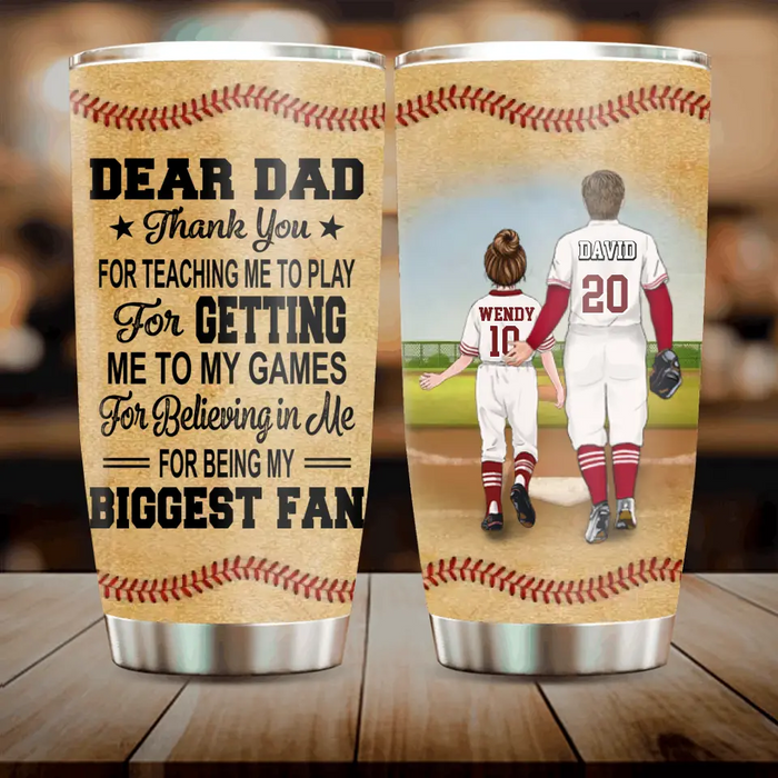Personalized Baseball Dad Tumbler - Up to 2 Children - Father's Day Gift Idea for Baseball Lovers - Dear Dad Thank You For Teaching Me To Play