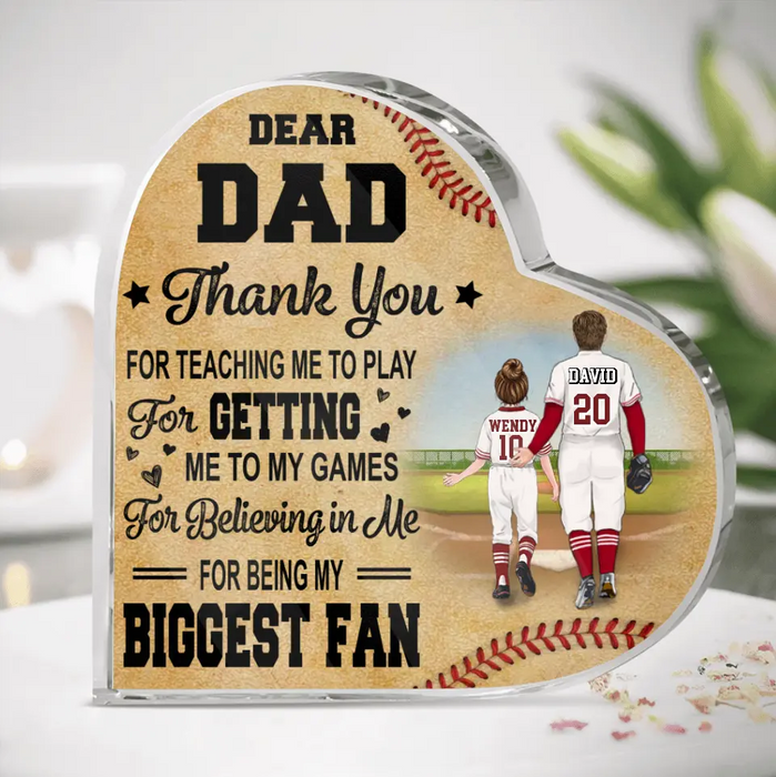 Personalized Baseball Dad Crystal Heart - Up to 2 Children - Father's Day Gift Idea for Baseball Lovers - Dear Dad Thank You For Teaching Me To Play