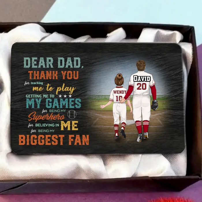 Personalized Baseball Dad Aluminum Wallet Card - Up to 2 Children - Father's Day Gift Idea for Baseball Lovers - Dear Dad Thank You For Teaching Me To Play