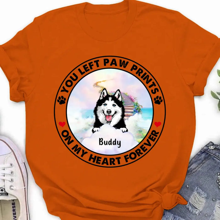 Personalized Pet Shirt/Hoodie - Up to 2 Dogs/Cats - Memorial Gift Idea for Dog/Cat Owners - You Left Paw Prints On My Heart Forever
