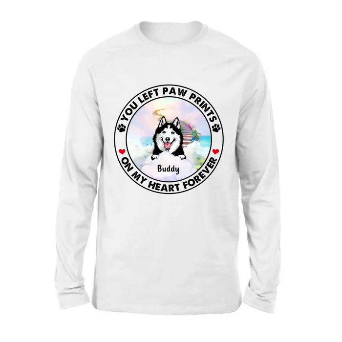 Personalized Pet Shirt/Hoodie - Up to 2 Dogs/Cats - Memorial Gift Idea for Dog/Cat Owners - You Left Paw Prints On My Heart Forever