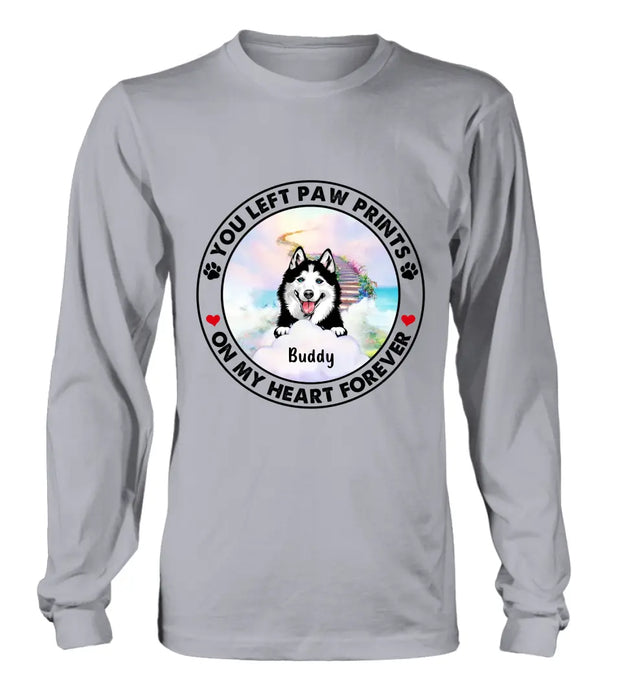 Personalized Pet Shirt/Hoodie - Up to 2 Dogs/Cats - Memorial Gift Idea for Dog/Cat Owners - You Left Paw Prints On My Heart Forever