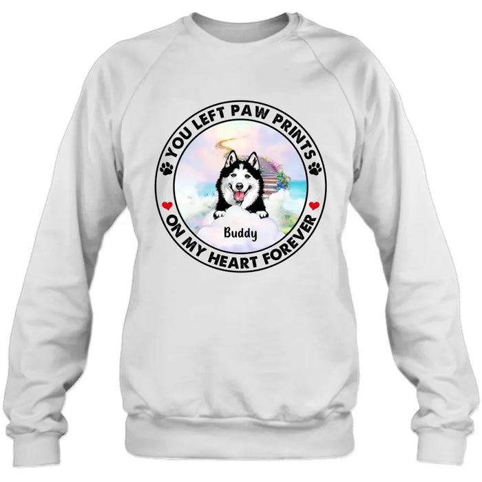 Personalized Pet Shirt/Hoodie - Up to 2 Dogs/Cats - Memorial Gift Idea for Dog/Cat Owners - You Left Paw Prints On My Heart Forever