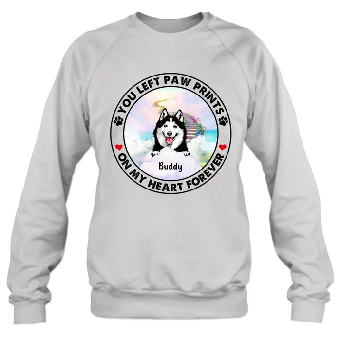 Personalized Pet Shirt/Hoodie - Up to 2 Dogs/Cats - Memorial Gift Idea for Dog/Cat Owners - You Left Paw Prints On My Heart Forever