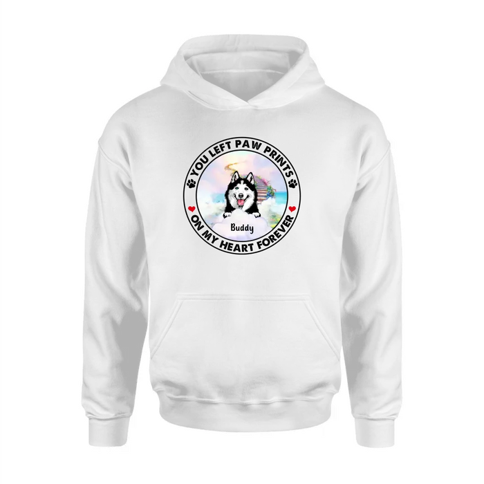 Personalized Pet Shirt/Hoodie - Up to 2 Dogs/Cats - Memorial Gift Idea for Dog/Cat Owners - You Left Paw Prints On My Heart Forever