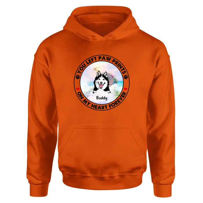 Personalized Pet Shirt/Hoodie - Up to 2 Dogs/Cats - Memorial Gift Idea for Dog/Cat Owners - You Left Paw Prints On My Heart Forever