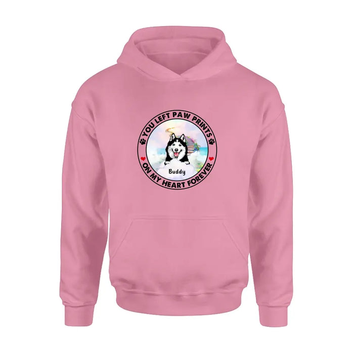 Personalized Pet Shirt/Hoodie - Up to 2 Dogs/Cats - Memorial Gift Idea for Dog/Cat Owners - You Left Paw Prints On My Heart Forever