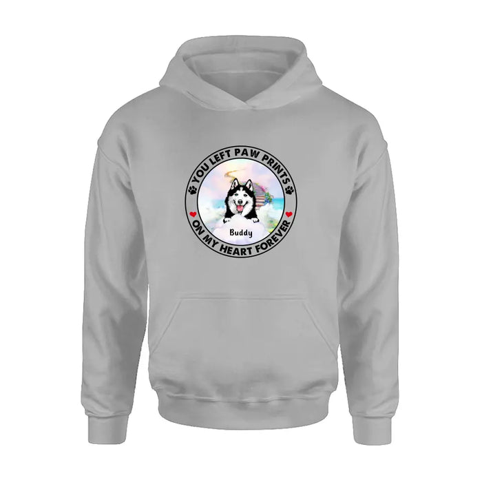 Personalized Pet Shirt/Hoodie - Up to 2 Dogs/Cats - Memorial Gift Idea for Dog/Cat Owners - You Left Paw Prints On My Heart Forever