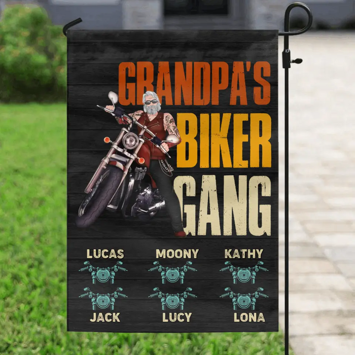 Personalized Biker Flag Sign - Father's Day Gift Idea for Dad/Grandpa - Up to 6 Kids - Grandpa's Biker Gang