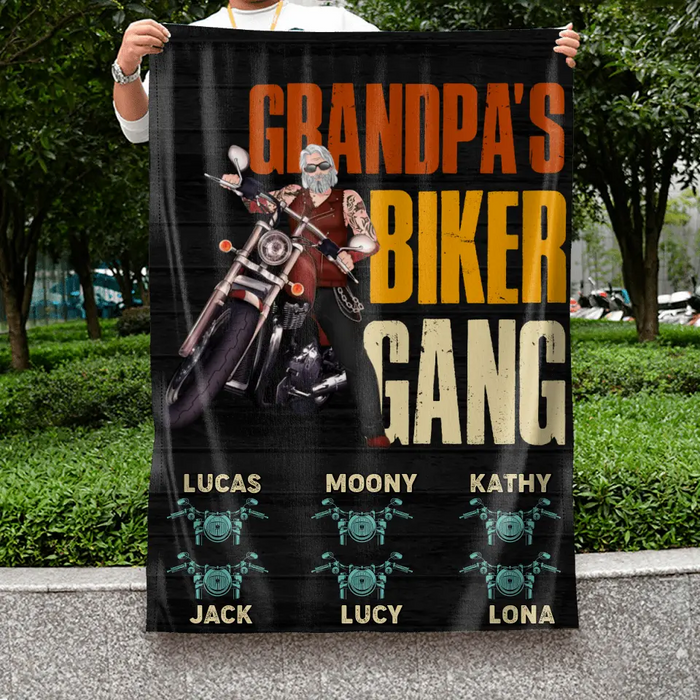 Personalized Biker Flag Sign - Father's Day Gift Idea for Dad/Grandpa - Up to 6 Kids - Grandpa's Biker Gang