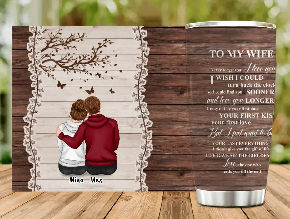 Personalized Half Wood Texture Couple Sitting Back View Tumbler - Gift For Him/For Her - To My Wife Never Forget That I Love You