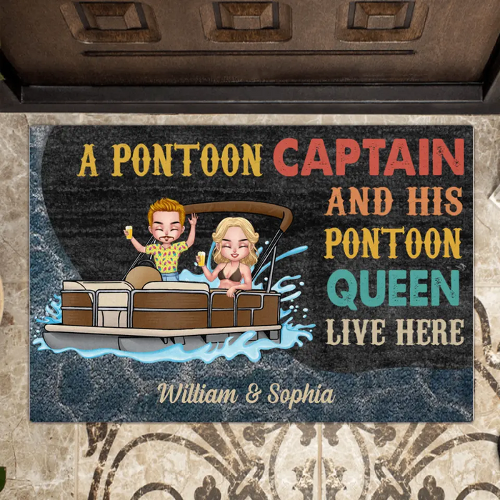 Personalized Pontoon Couple Doormat - Gift Idea For Couple/Pontoon Lovers - A Pontoon Captain And His Pontoon Queen Live Here