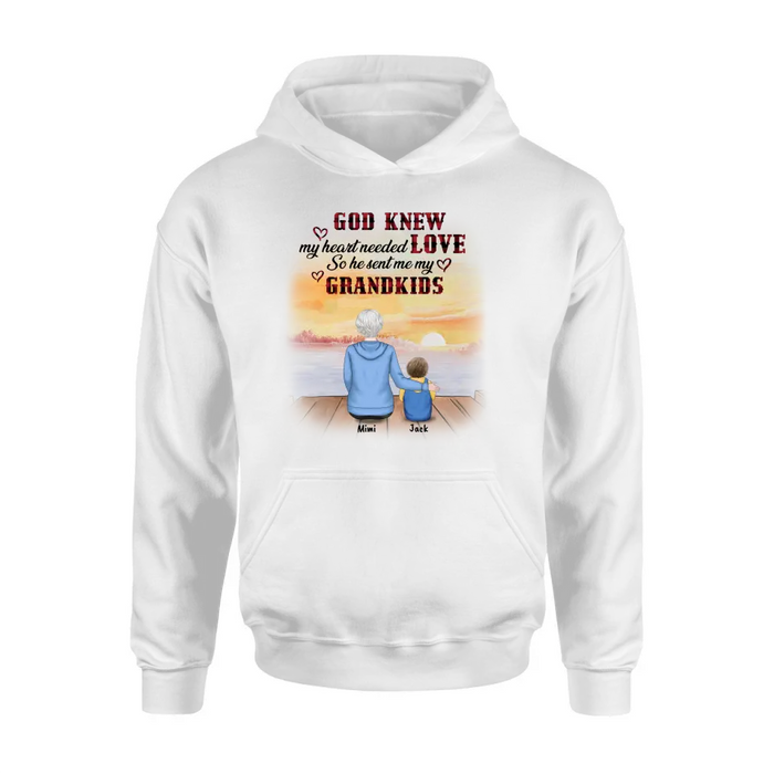 Personalized T-shirt/Hoddie/Sweatshrt/Sleeve - Gift for Grandparent and Grandkids - Grandma/Grandpa and Grandkids - Up to 4 Grandkids - God knew my heart needed love