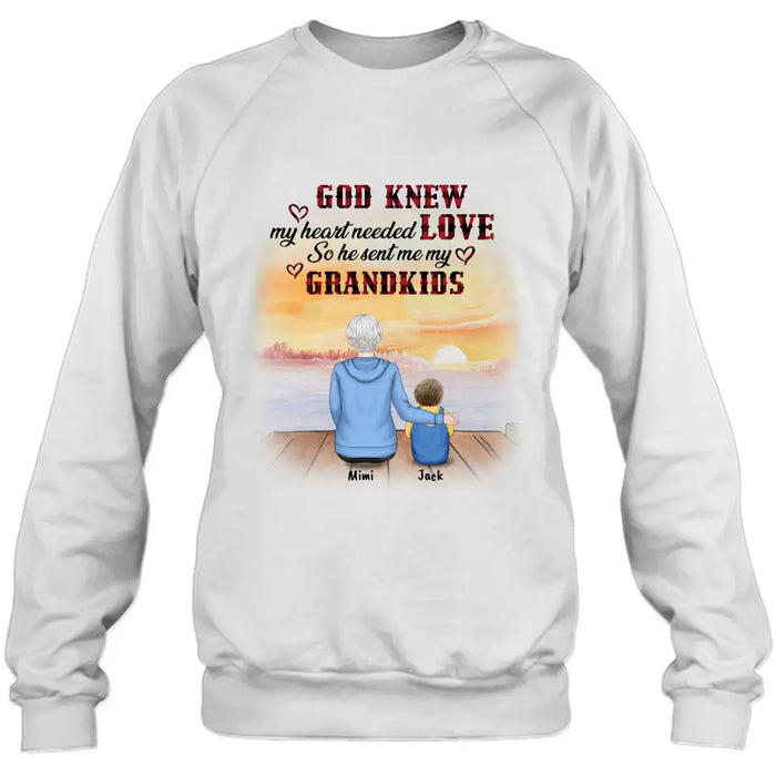Personalized T-shirt/Hoddie/Sweatshrt/Sleeve - Gift for Grandparent and Grandkids - Grandma/Grandpa and Grandkids - Up to 4 Grandkids - God knew my heart needed love