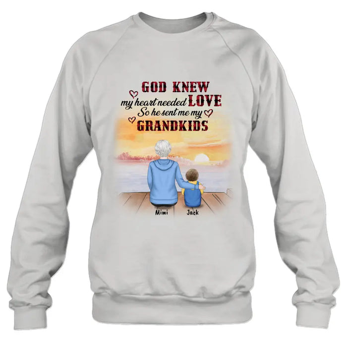 Personalized T-shirt/Hoddie/Sweatshrt/Sleeve - Gift for Grandparent and Grandkids - Grandma/Grandpa and Grandkids - Up to 4 Grandkids - God knew my heart needed love