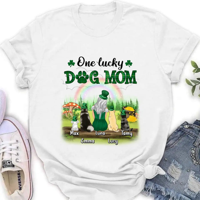 Personalized Dog Mom Shirt - Up to 4 Dogs - St. Patrick's Day Gift Idea For Dog Lover - One Lucky Dog Mom