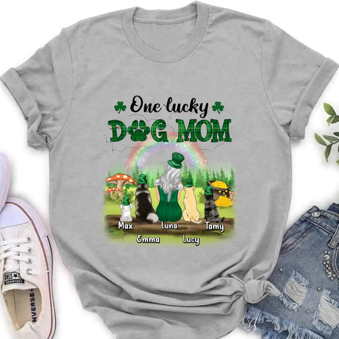 Personalized Dog Mom Shirt - Up to 4 Dogs - St. Patrick's Day Gift Idea For Dog Lover - One Lucky Dog Mom