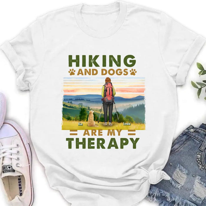 Personalized Solo Hiking With Dogs Shirt - Woman/Man With Up to 4 Dogs - Gift Idea For Hiking Lovers - Hiking And Dogs Are My Therapy