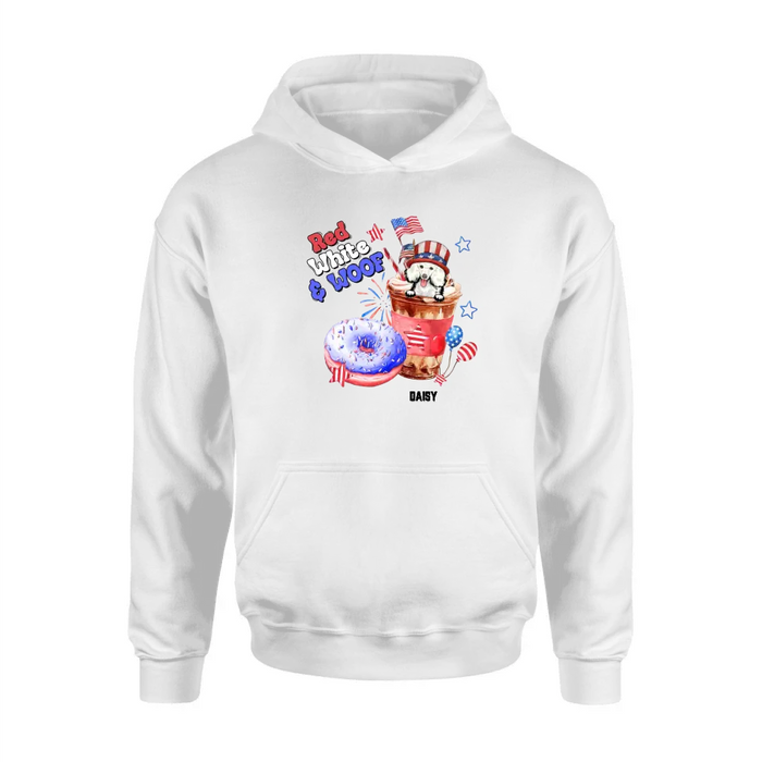 Personalized Dog Shirt/Hoodie - Up to 4 Dogs - Father's/Mother's Day/Independence Day Gift Idea For Dog Lovers - Red White & Woof