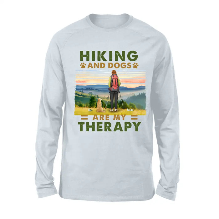 Personalized Solo Hiking With Dogs Shirt - Woman/Man With Up to 4 Dogs - Gift Idea For Hiking Lovers - Hiking And Dogs Are My Therapy