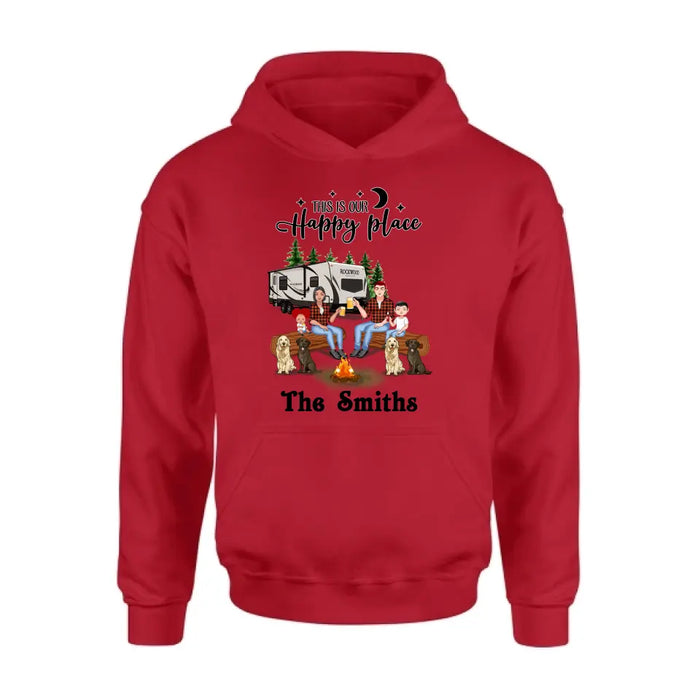 Personalized Camping Family Unisex T-shirt/ Hoodie/ Long Sleeve/ Sweatshirt - Gift Idea For Family with up to 2 Kids and 4 Dogs - This Is Our Happy Place