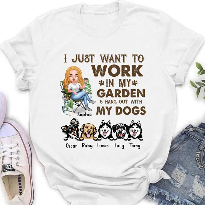 Personalized Garden Shirt/Hoodie - Up to 5 Pets - Funny Gardening Gift For Dog/Cat Lover - I Just Want To Work In My Garden & Hang Out With My Dogs