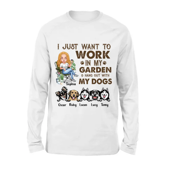 Personalized Garden Shirt/Hoodie - Up to 5 Pets - Funny Gardening Gift For Dog/Cat Lover - I Just Want To Work In My Garden & Hang Out With My Dogs