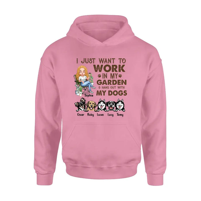 Personalized Garden Shirt/Hoodie - Up to 5 Pets - Funny Gardening Gift For Dog/Cat Lover - I Just Want To Work In My Garden & Hang Out With My Dogs