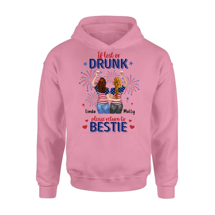 Personalized Friend's 4th Of July T-Shirt/Long Sleeve/Sweatshirt/Hoodie - Gift Idea For Friends/Besties/Sister On Independence Day - Up to 4 Girls - If Lost Or Drunk Please Return To Bestie