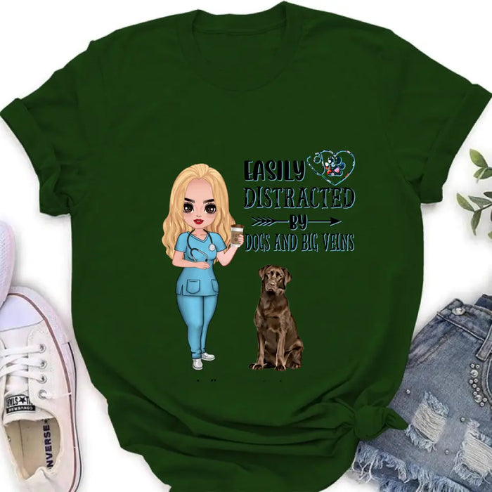 Personalized Nurse Dog Mom Shirt/ Pullover Hoodie - Up to 5 Dogs - Gift Idea For Dog Lovers - Easily Distracted By Dogs And Big Veins