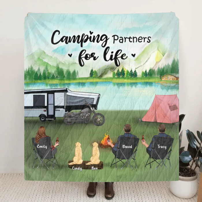 Personalized Camping Pillow Cover/Fleece Throw Blanket/Quilt - Gift For Camping Lovers With 3 Adults - Camping Partner For Life