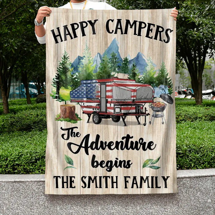 Personalized Camper Flag Sign - Gift Idea For Camping Lovers/Family - Happy Campers The Adventure Begins