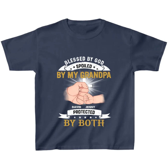 Personalized Grandkids Kid T-Shirt - Up to 5 Kids - Gift Idea For Grandma/Grandpa - Blessed By God Spoiled By My Grandpa Protected By Both