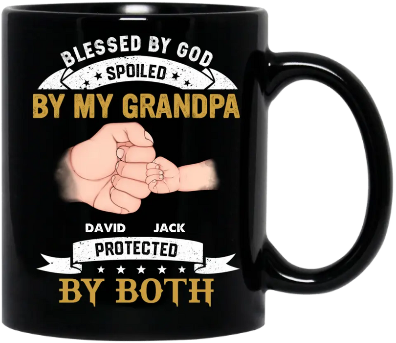 Personalized Grandkids Coffee Mug - Up to 5 Kids - Gift Idea For Grandma/Grandpa - Blessed By God Spoiled By My Grandpa Protected By Both