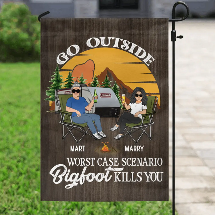 Personalized Couple Camping Flag Sign - Gift Idea For Camping Lover - Go Outside Worst Case Scenario Bigfoot Kills You
