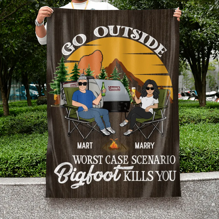 Personalized Couple Camping Flag Sign - Gift Idea For Camping Lover - Go Outside Worst Case Scenario Bigfoot Kills You