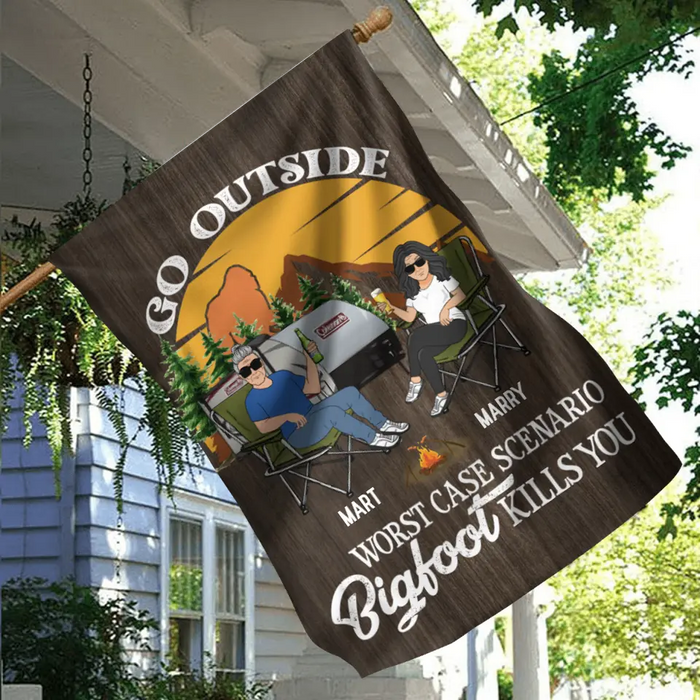 Personalized Couple Camping Flag Sign - Gift Idea For Camping Lover - Go Outside Worst Case Scenario Bigfoot Kills You